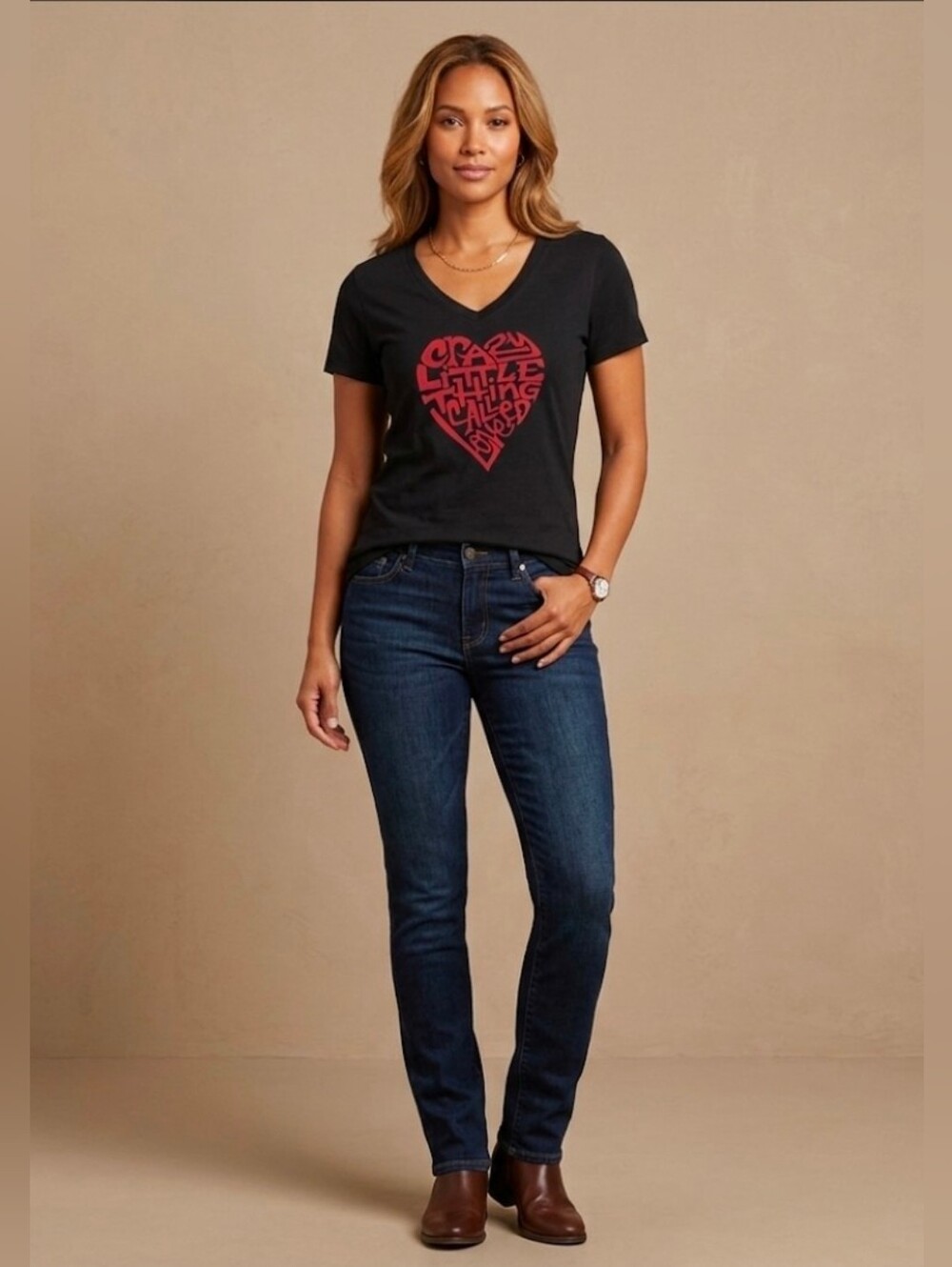 $25 LA Pop Art Women's Word Art Crazy Little Thing Called Love V-Neck T-Shirt